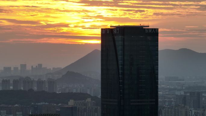 苏州狮山长焦航拍落日夕阳建筑