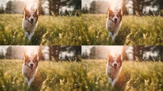 阳光下草地上奔跑的小狗