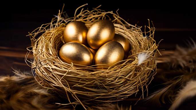金融投资孵化概念金蛋在鸟巢里黑色背景下