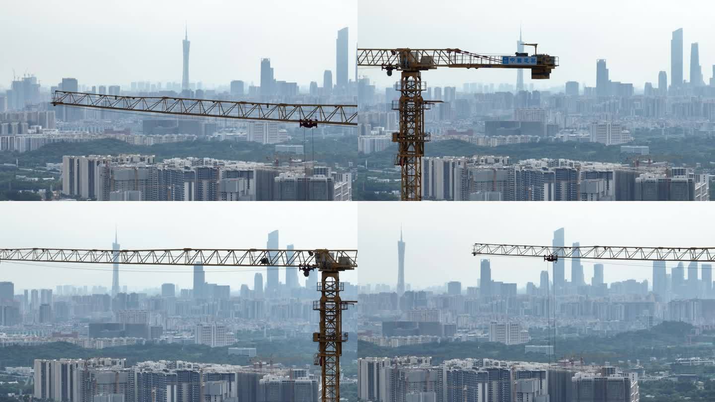 4k长焦航拍 中国建筑工地吊塔 广州塔