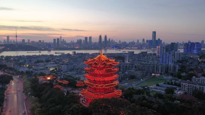 航拍武汉市武昌区古建筑地标黄鹤楼灯光夜景