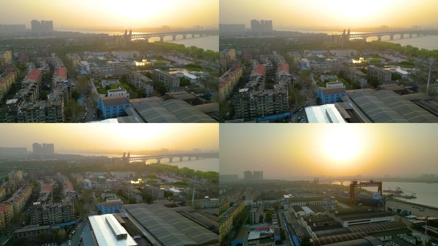 南京市鼓楼区南京长江大桥夕阳下风景航拍