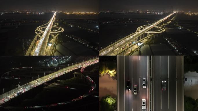 广州南沙大桥立交车流夜景航拍