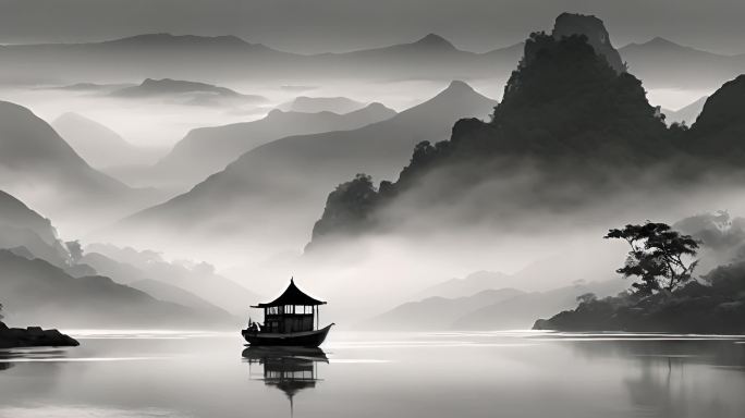 中国水墨画 湖面小船