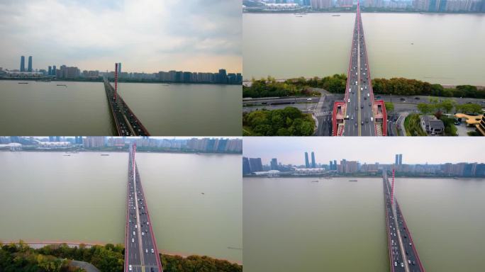 杭州钱塘江钱江三桥西兴大桥车流航拍