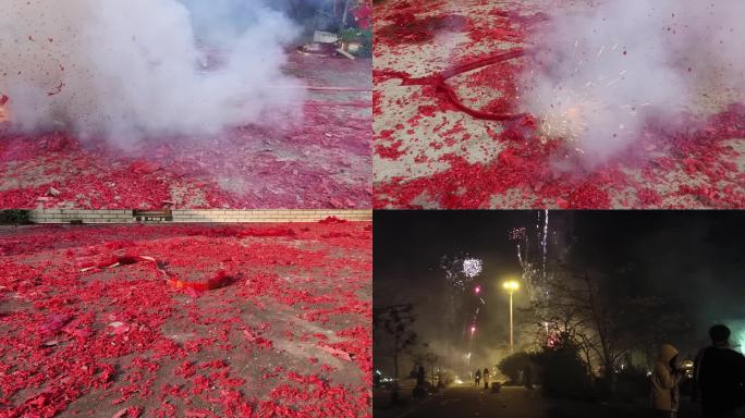 夜晚放烟花燃放鞭炮挂鞭大地红放炮过节