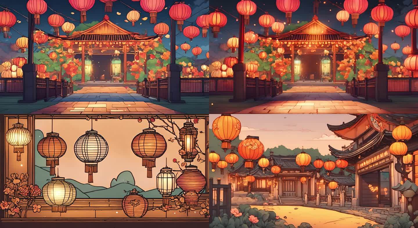 中式卡通油画风格灯笼建筑