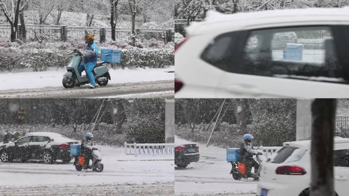 寒冬风雪中骑行的外卖小哥