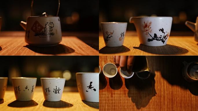 茶壶茶杯倒茶光影广告手工绘画艺术家画瓷