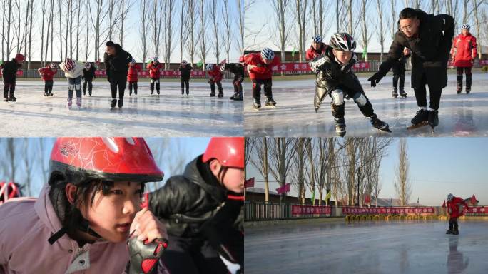 练习滑冰的农村小学生