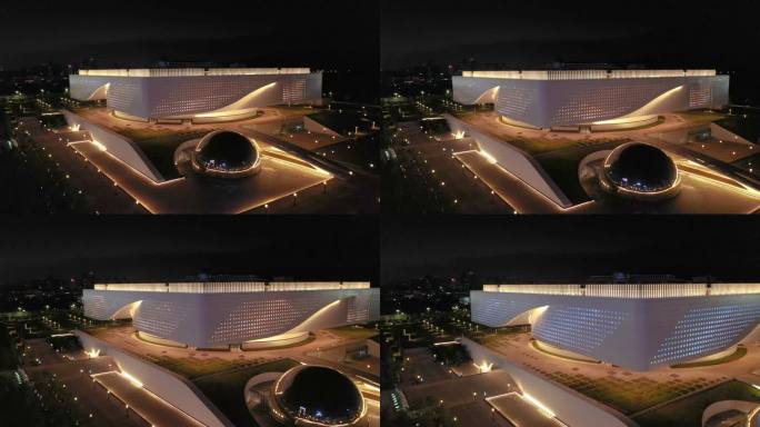 航拍武汉市光谷湖北省科学技术馆灯光夜景