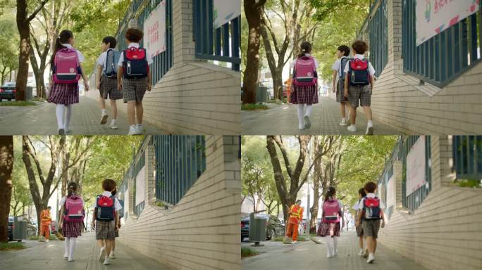 上学路上儿童上学环卫工人城市街道