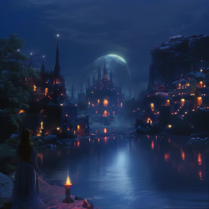 月夜神秘的海上童话城堡