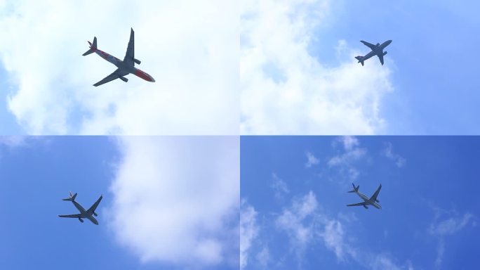 客运飞机在蓝天白云上空飞行