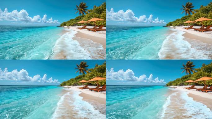 夏日热带海边沙滩美景度假沙滩椅海浪椰树