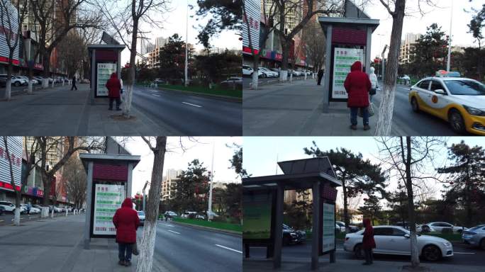 红衣老人等公交、车站等车人