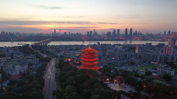 航拍武汉市武昌地标古建筑黄鹤楼亮灯夜景