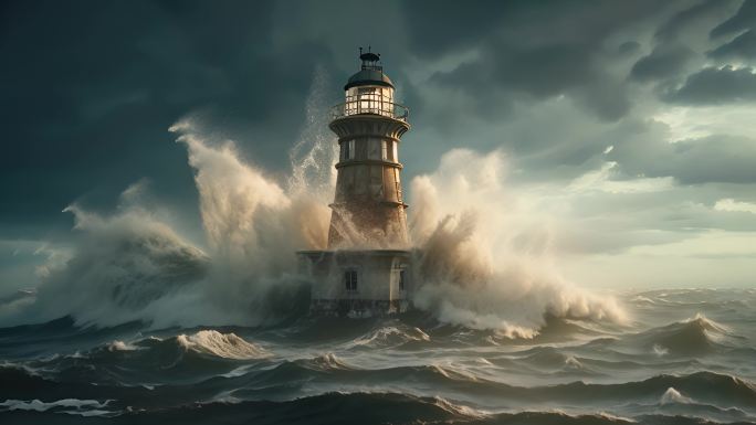 大海暴风雨帆船乘风破浪巨浪灯塔