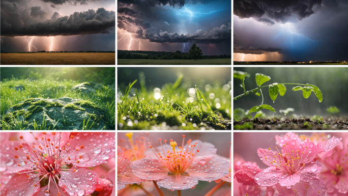 打雷闪电下雨放晴夏天雨后蘑菇生长