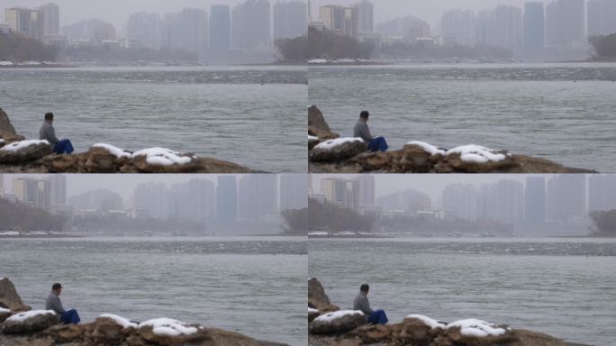 孤独的老人背影坐在黄河边