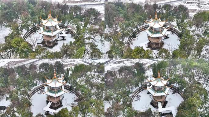 咸宁湖北科技学院雪中凉亭环绕航拍