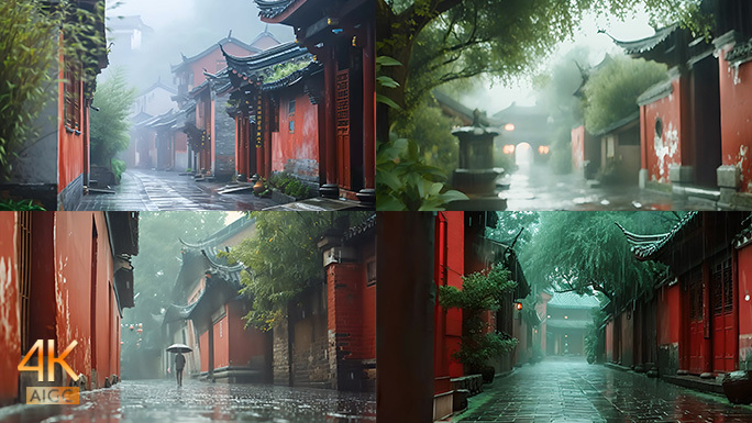 古庙封春雨 千年古刹佛庙殿阁雨水滋润大地