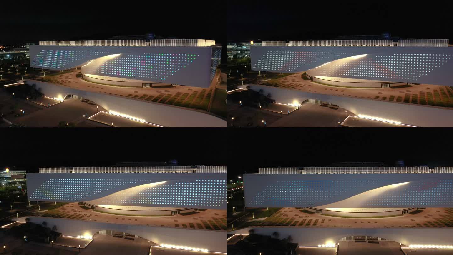 航拍武汉市光谷湖北省科学技术馆灯光夜景