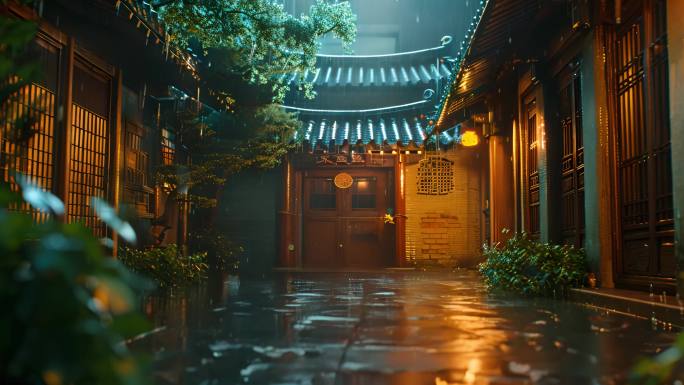 雨夜江南庭院