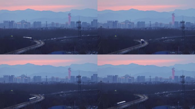 高清实拍春节北京机场快线和奥林匹克塔