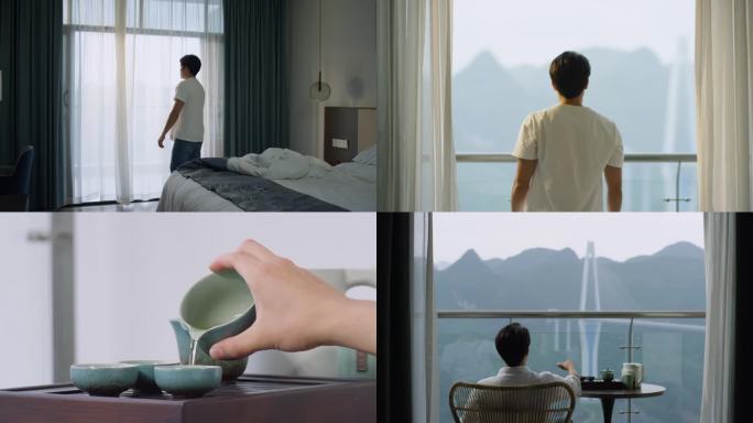 男子酒店度假清晨醒来眺望风景喝茶跑步