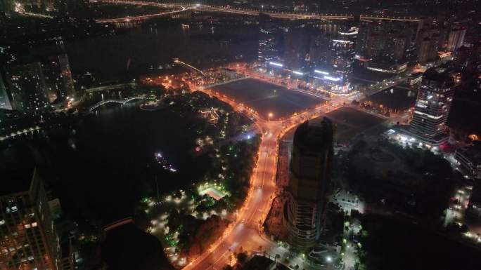 浙江绍兴世茂天际中心高楼大厦夜晚夜景航拍