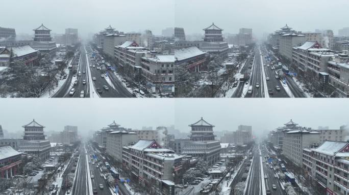 航拍陕西省西安市冬季街道大雪景观