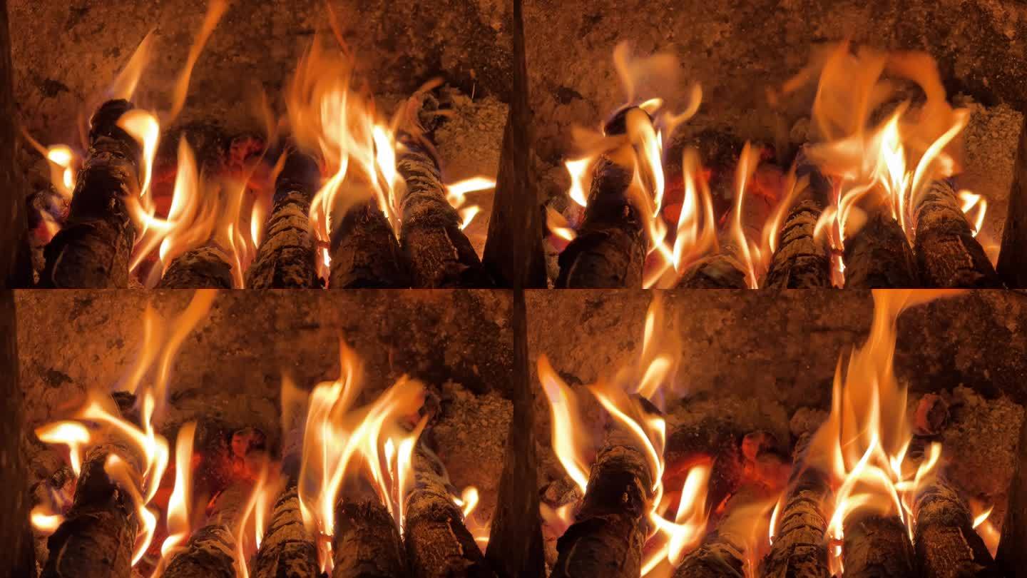 木头燃烧、火焰、碳火、炉火、炉灶、生火