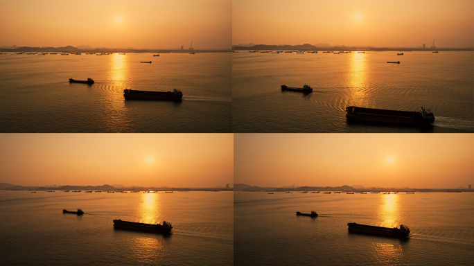 夕阳下的运沙船黄昏下的珠江轮船