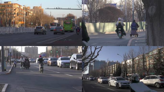 城市冬天交通早晨骑行拥堵车流街景忙碌人们