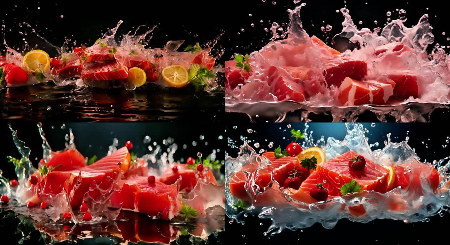 三文鱼肉块高速摄影模拟微距美食镜头