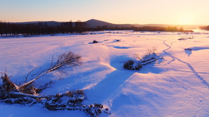 东北野外日落雪地雪景