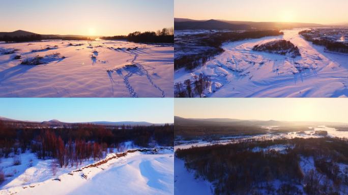 东北野外日落雪地雪景