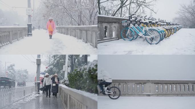 长江大桥 雪天 路人 空镜 扫雪车