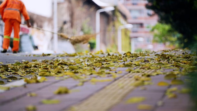 环卫工人清扫落叶 扫马路【从早上到晚上】