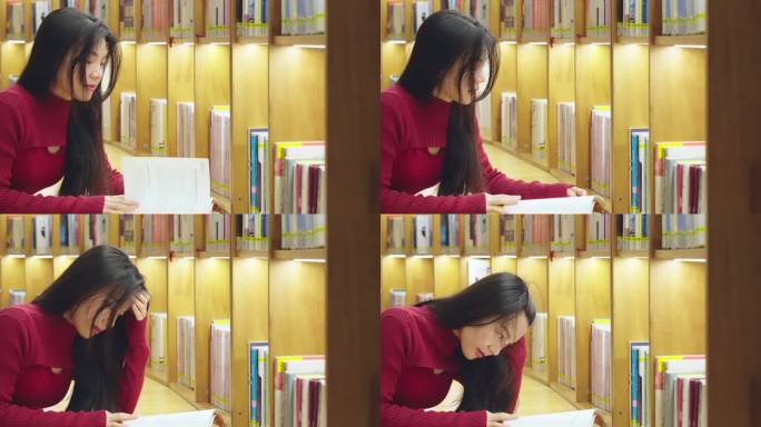 正在图书馆的灯光下看书的亚洲女性