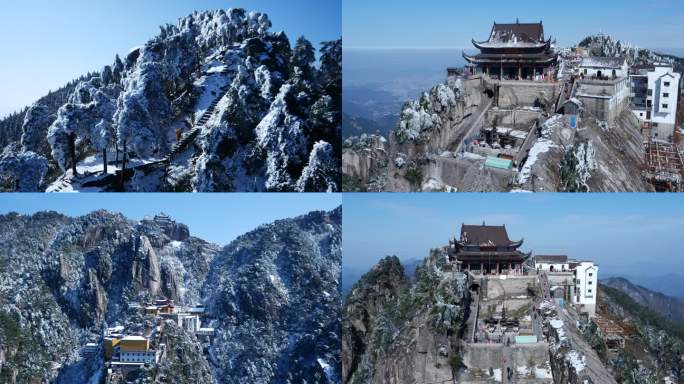 4K航拍九华山风景区天台寺雪景冬日寺庙