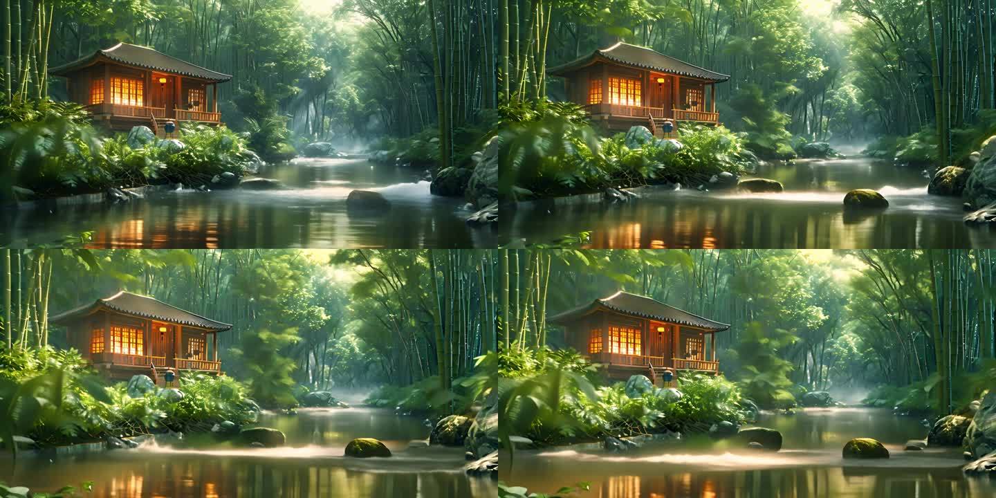 4K竹林小屋，小溪流淌