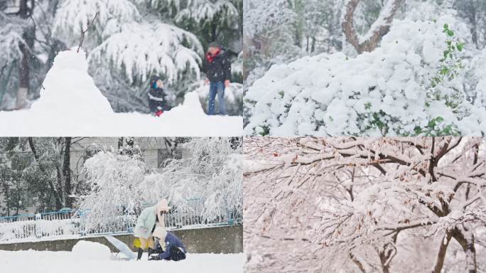 下雪唯美雪景公园游玩堆雪人下雪升格镜头