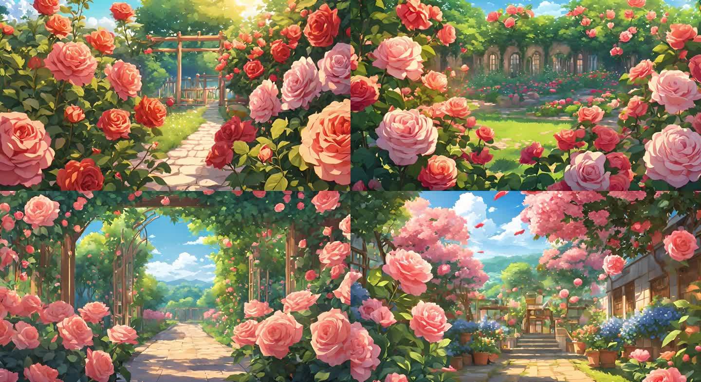 卡通动画风格花园粉色玫瑰花