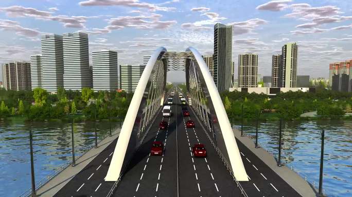 大桥拉升看城市大景三维动画