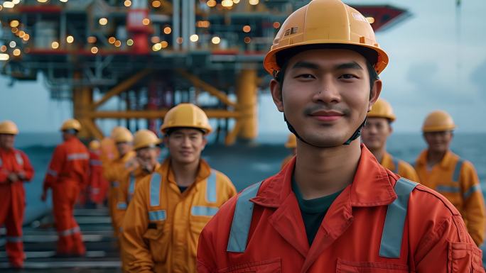 中国石油钻井工人看着镜头合影