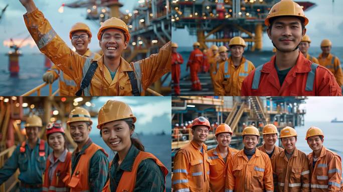 中国石油钻井工人看着镜头合影