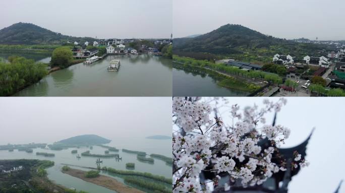 春日细雨中的苏州太湖三山岛航拍