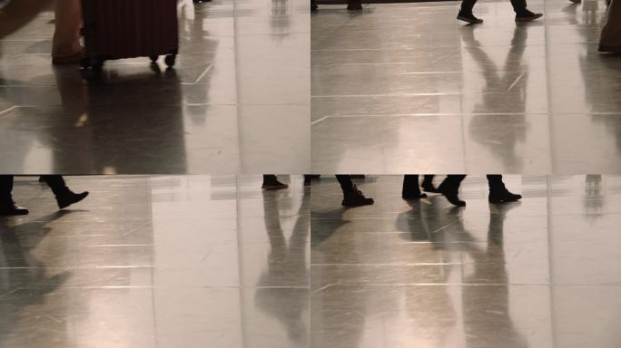 阿莱拍摄夕阳机场车站人来人往脚步剪影倒影